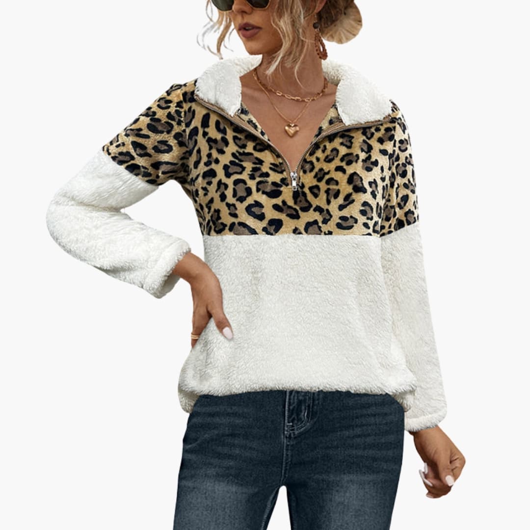 Fleece trøje til kvinder med halv lynlås og leopardprint