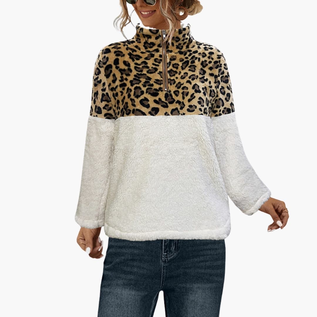 Fleece trøje til kvinder med halv lynlås og leopardprint