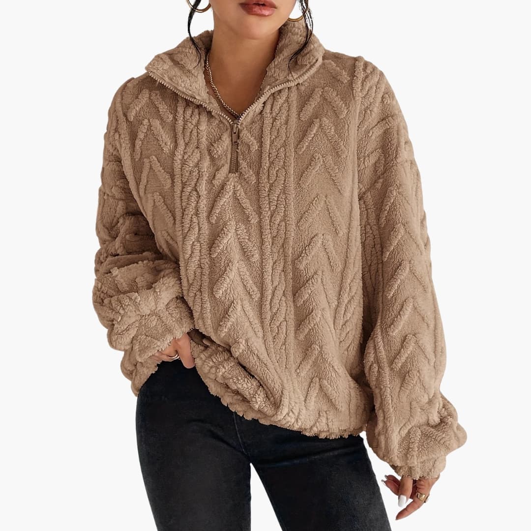 Pull polar texturado para mulher com meio fecho éclair