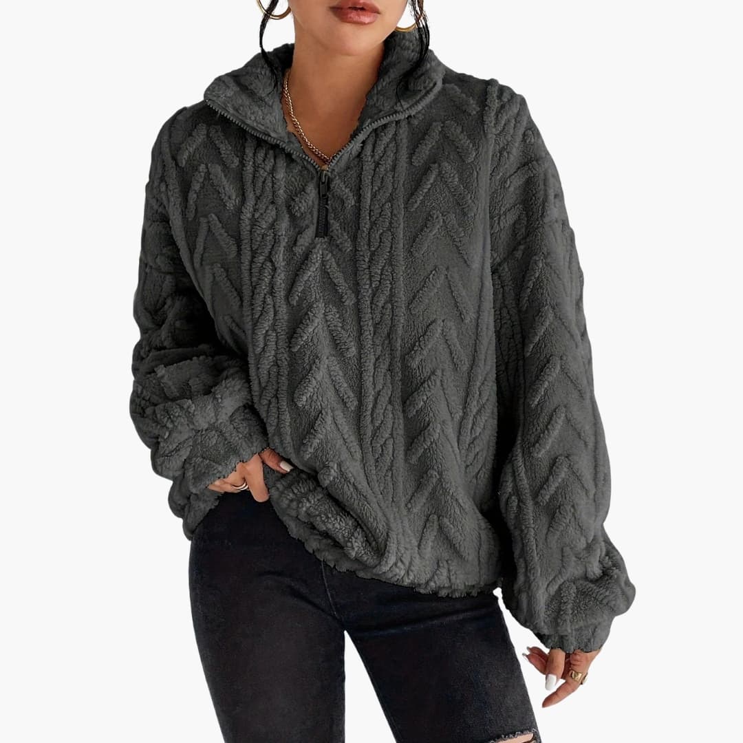 Pull polar texturado para mulher com meio fecho éclair