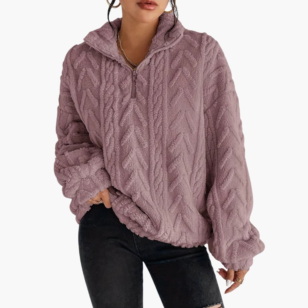 Pull polar texturado para mulher com meio fecho éclair