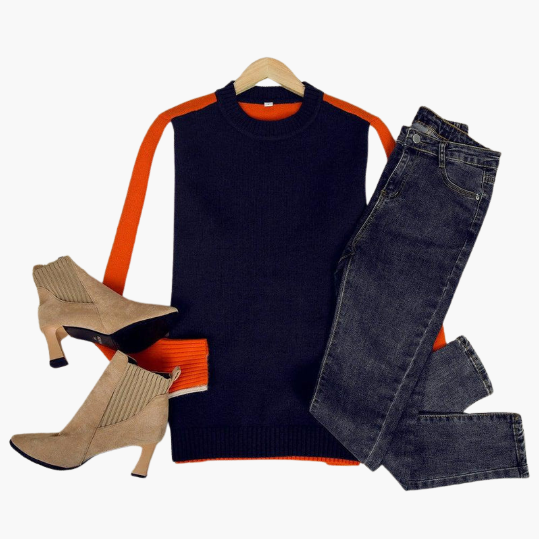 Pull pour femme avec manches contrastées et ourlet côtelé