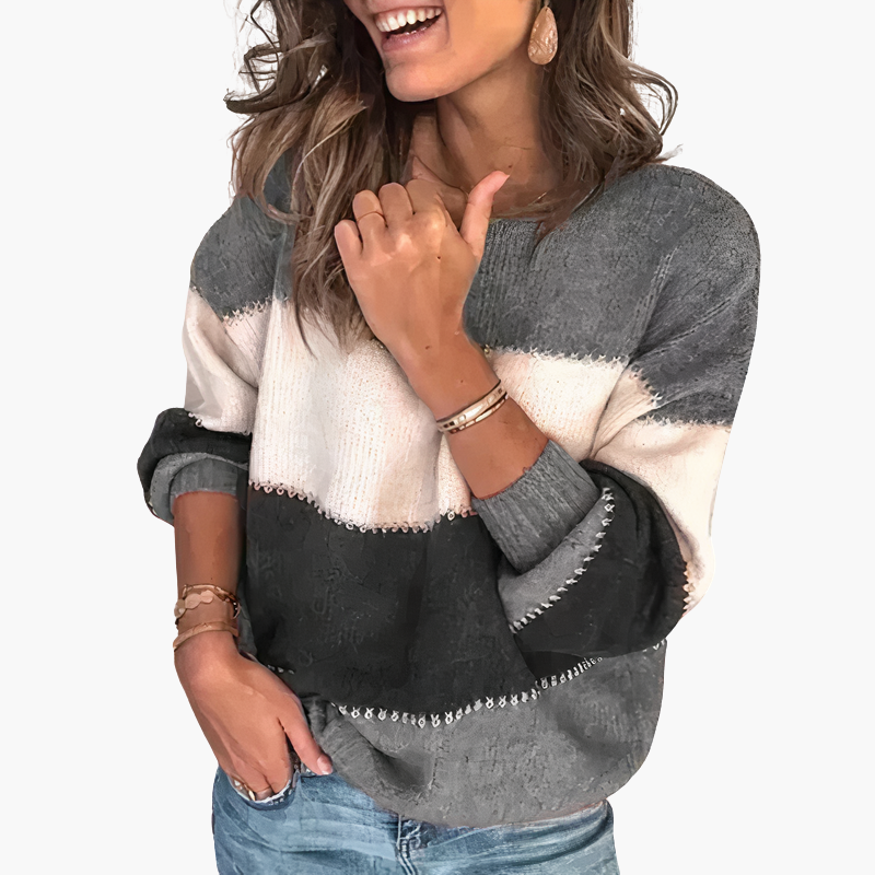 Pull tricoté à rayures pour femme avec col rond