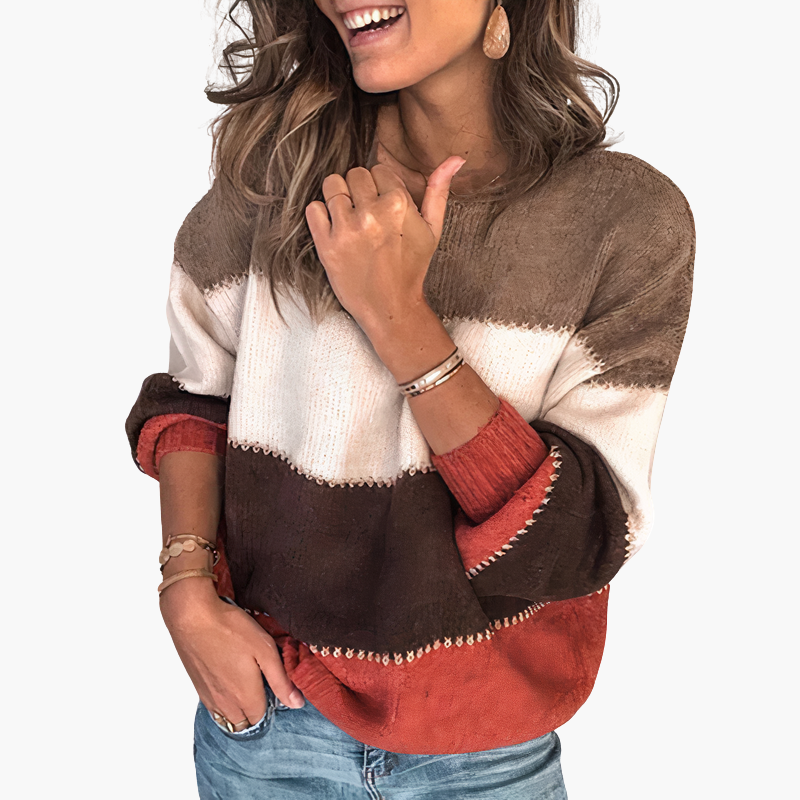 Pull tricoté à rayures pour femme avec col rond