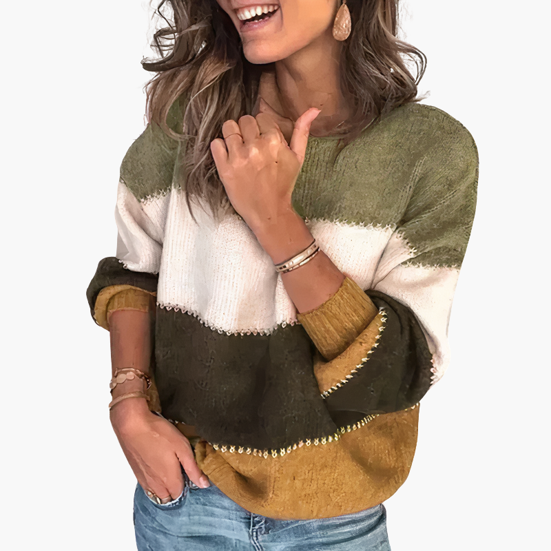 Pull tricoté à rayures pour femme avec col rond
