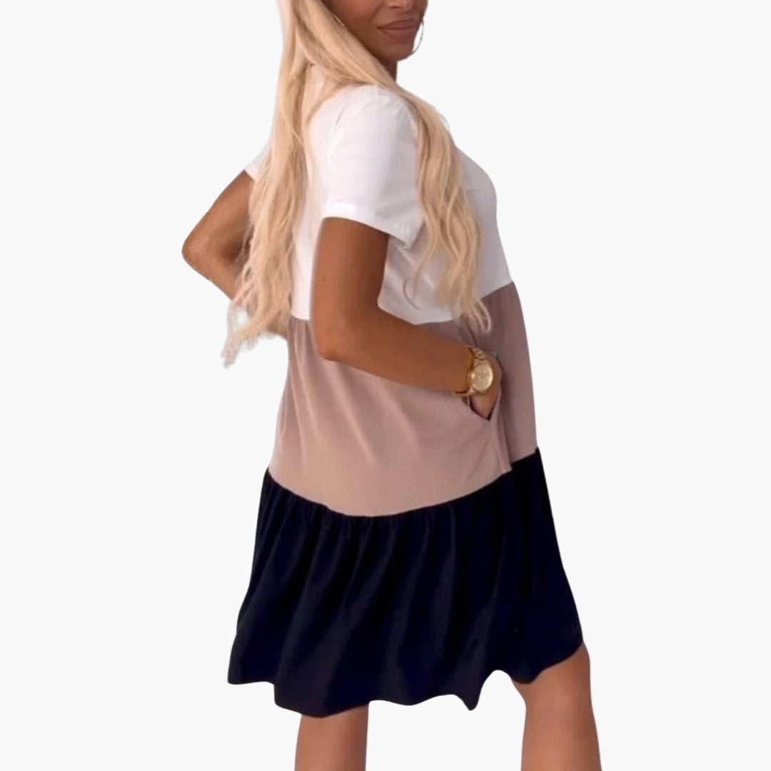 Vestido Mulher Blocos de Cor com Mangas Curtas e Bolsos