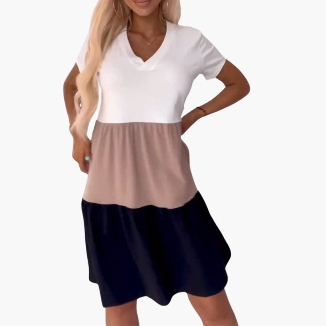 Vestido Mulher Blocos de Cor com Mangas Curtas e Bolsos