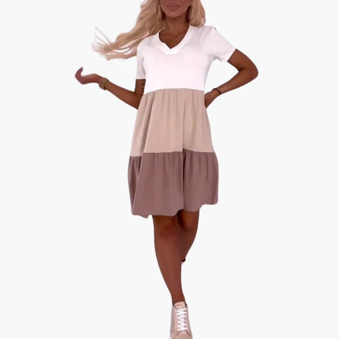 Vestido Mulher Blocos de Cor com Mangas Curtas e Bolsos