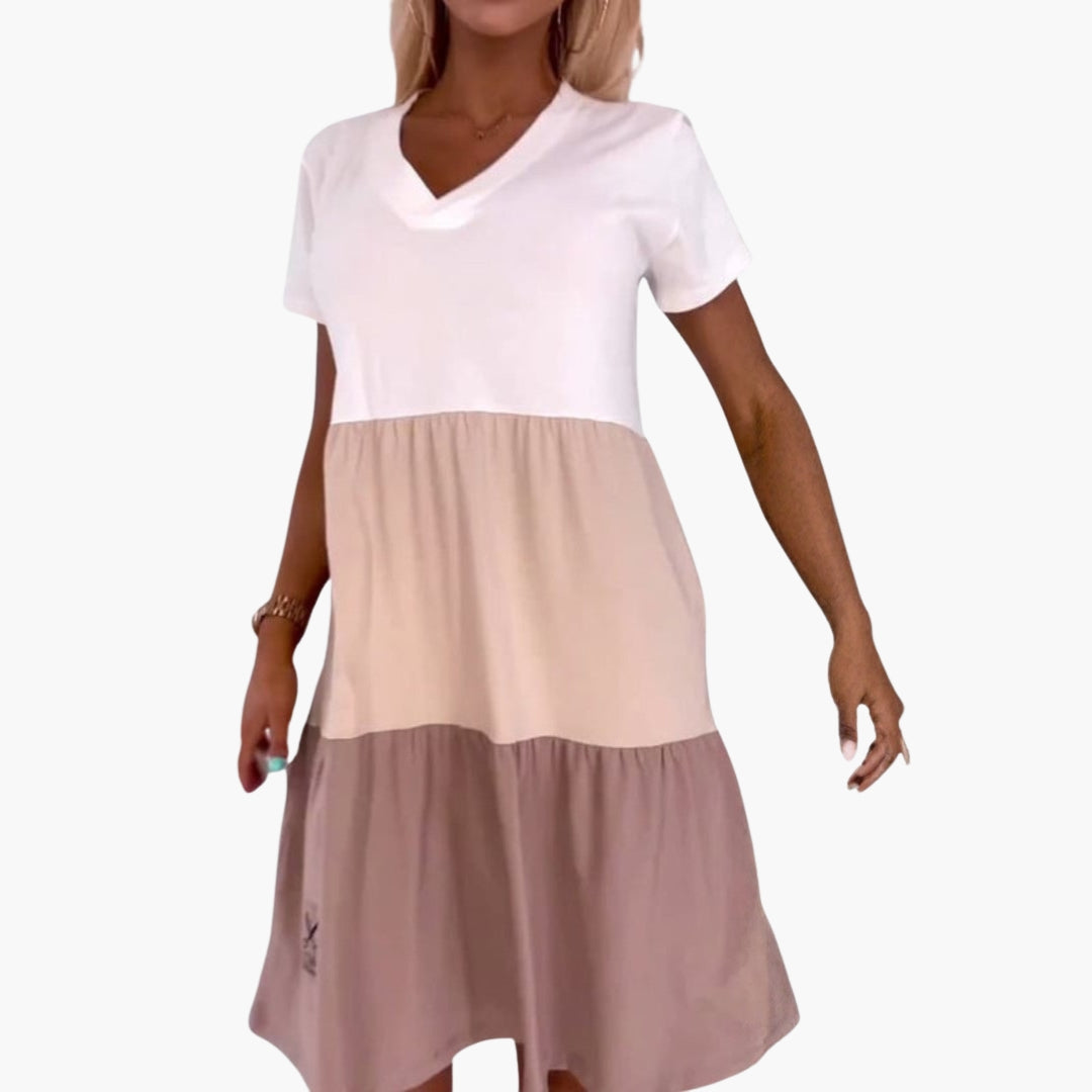 Vestido Mulher Blocos de Cor com Mangas Curtas e Bolsos