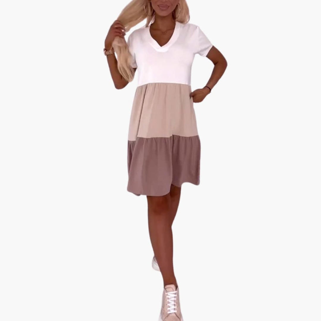 Vestido Mulher Blocos de Cor com Mangas Curtas e Bolsos
