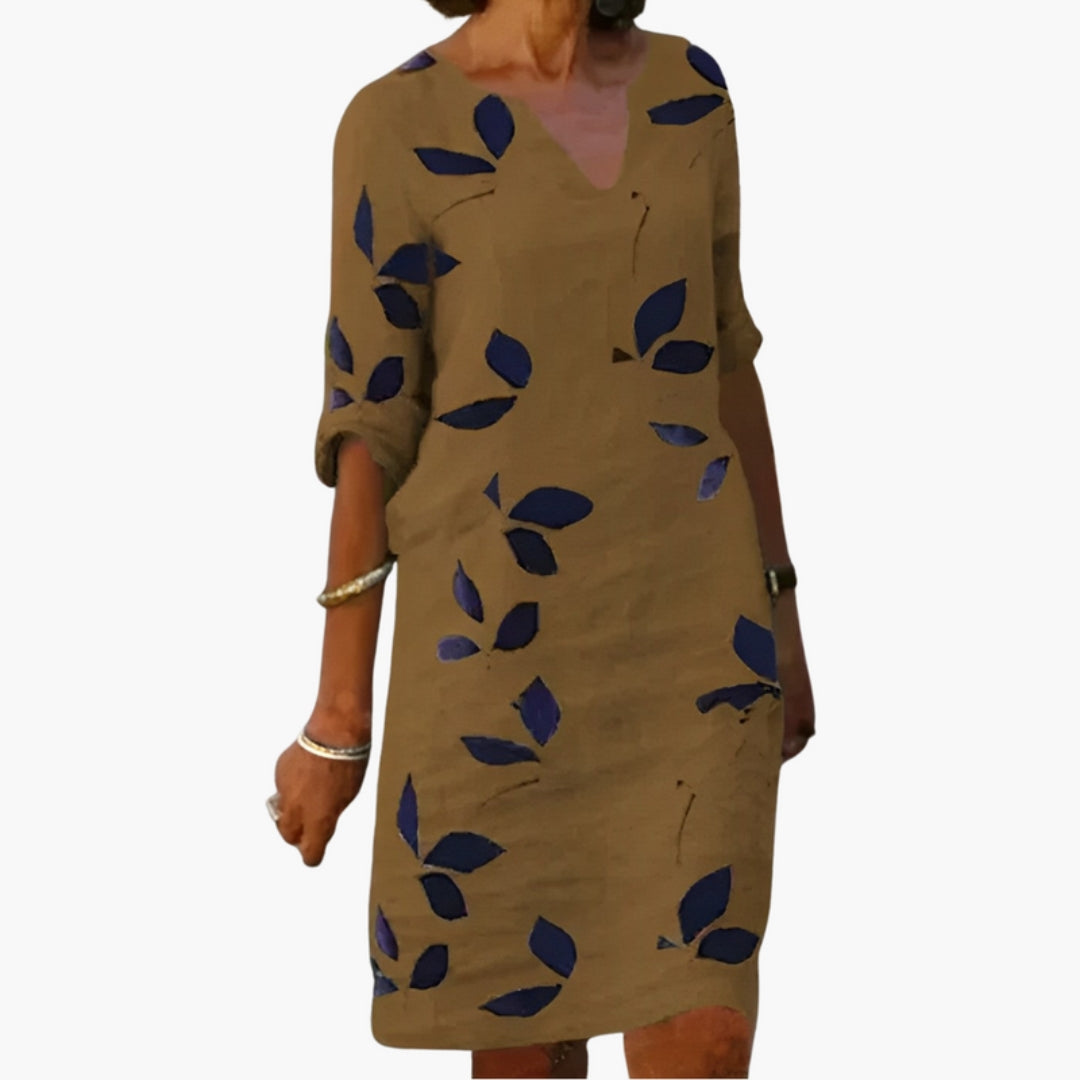 Women's Dress with V-Neck and Leaf Print