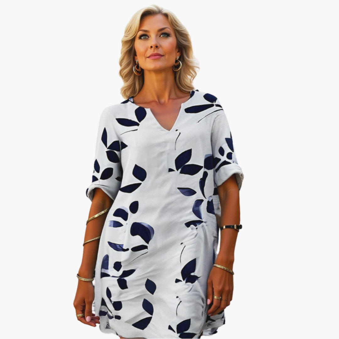 Women's Dress with V-Neck and Leaf Print