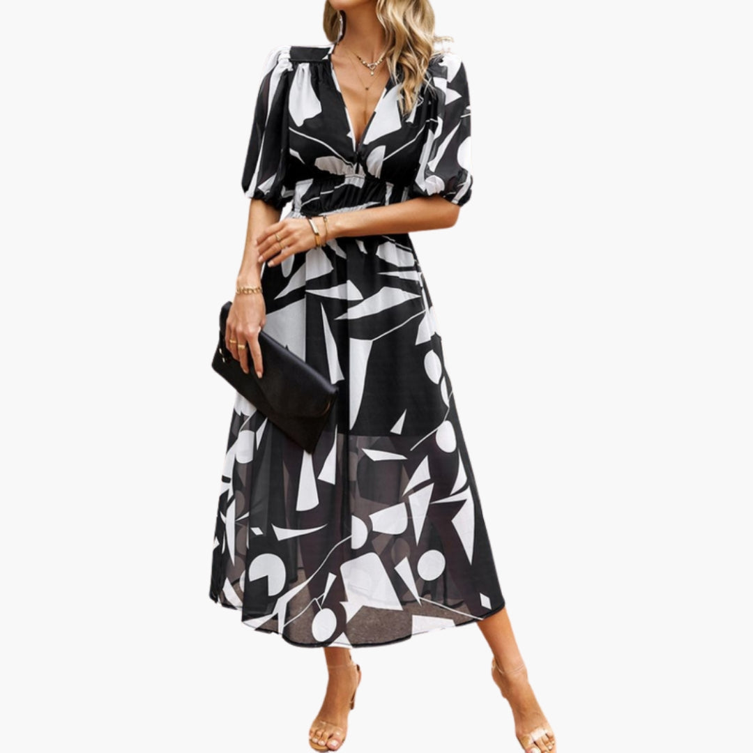 Abito floreale da donna con scollo a V e vita elastica