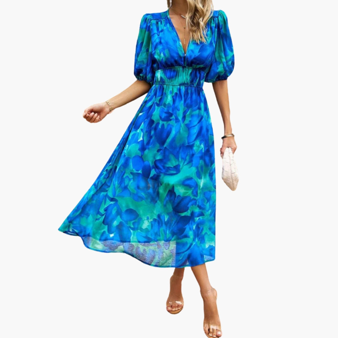 Abito floreale da donna con scollo a V e vita elastica