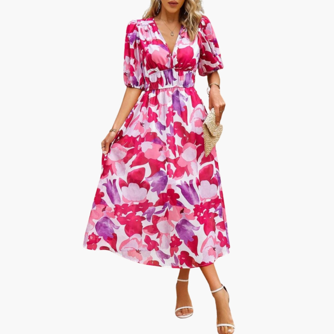 Abito floreale da donna con scollo a V e vita elastica