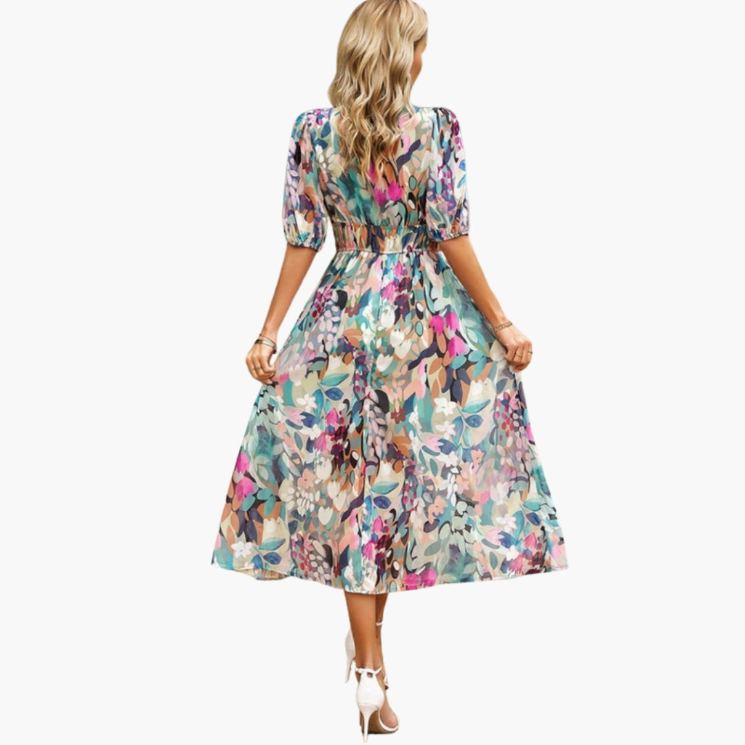 Abito floreale da donna con scollo a V e vita elastica