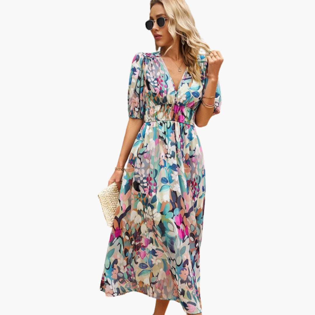 Abito floreale da donna con scollo a V e vita elastica