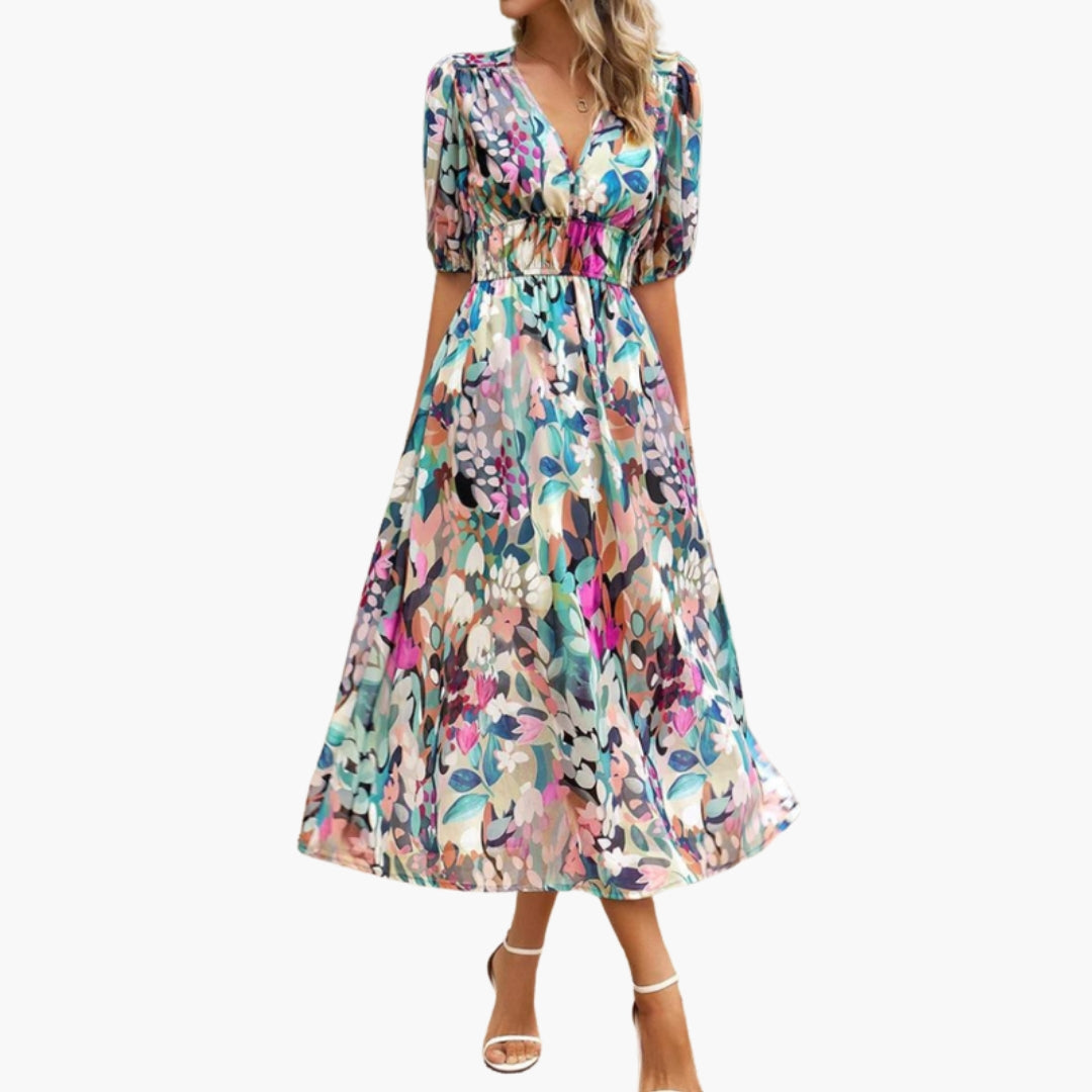 Abito floreale da donna con scollo a V e vita elastica