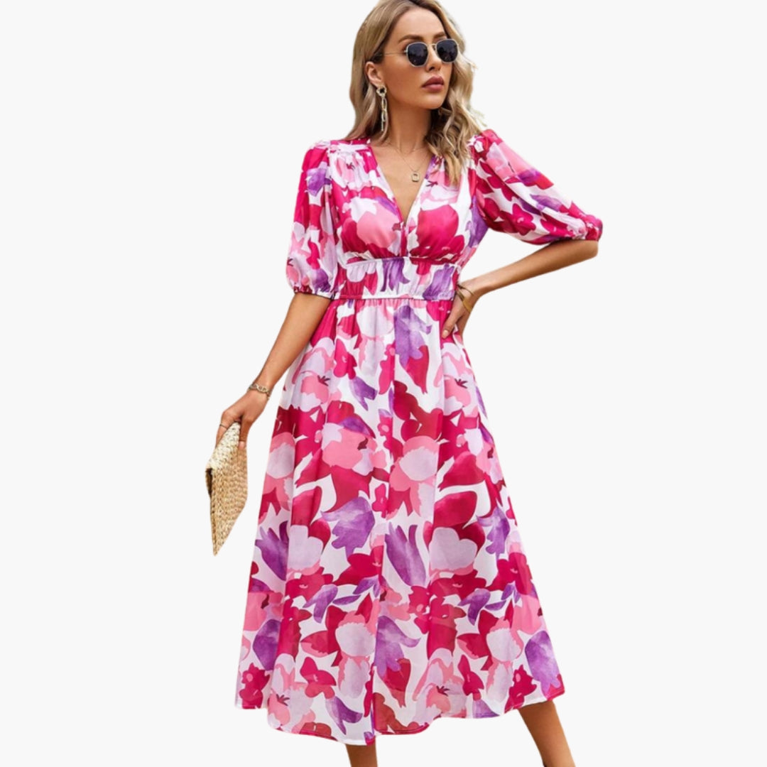 Abito floreale da donna con scollo a V e vita elastica