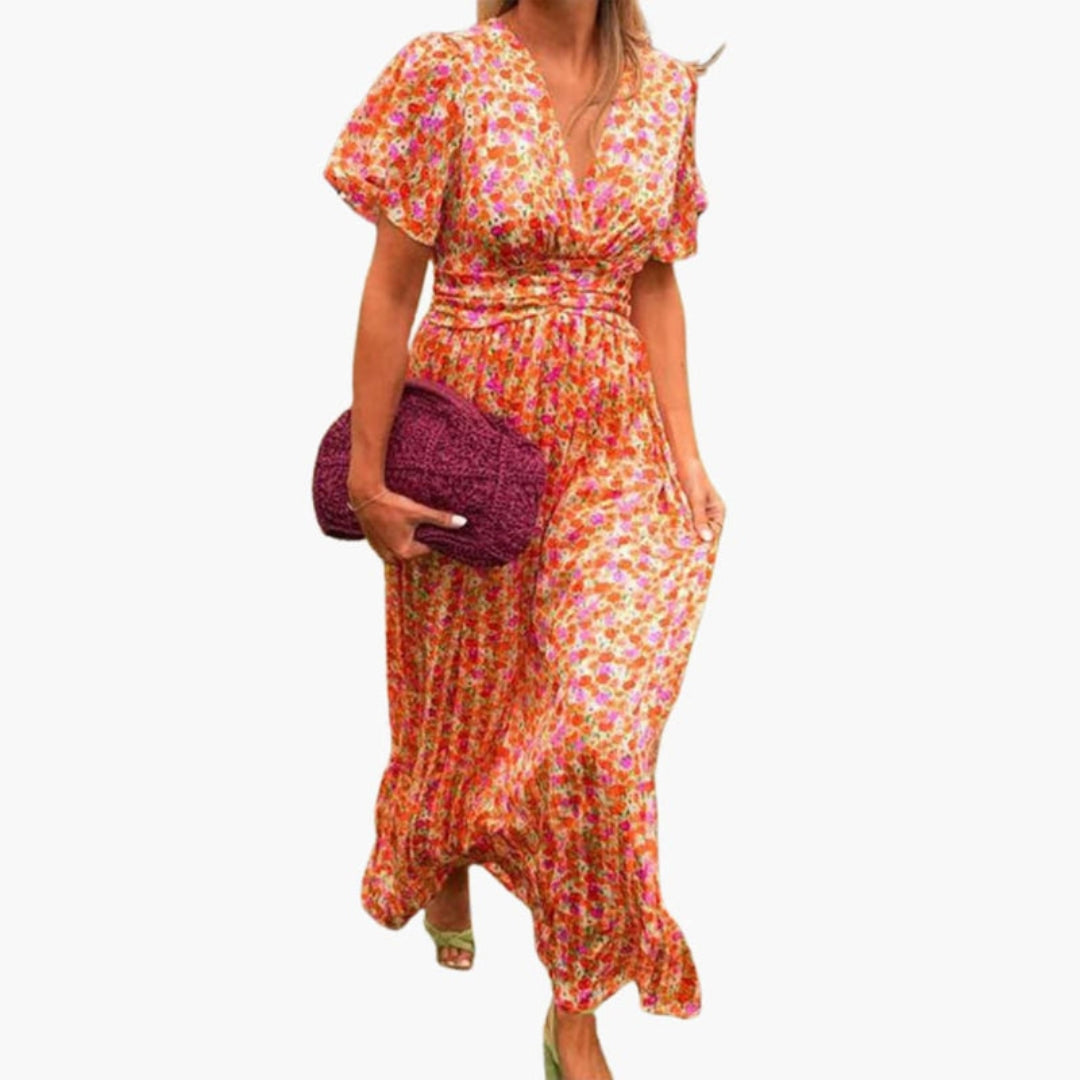 Maxi Dress for Women with V-Neck and Short Sleeves