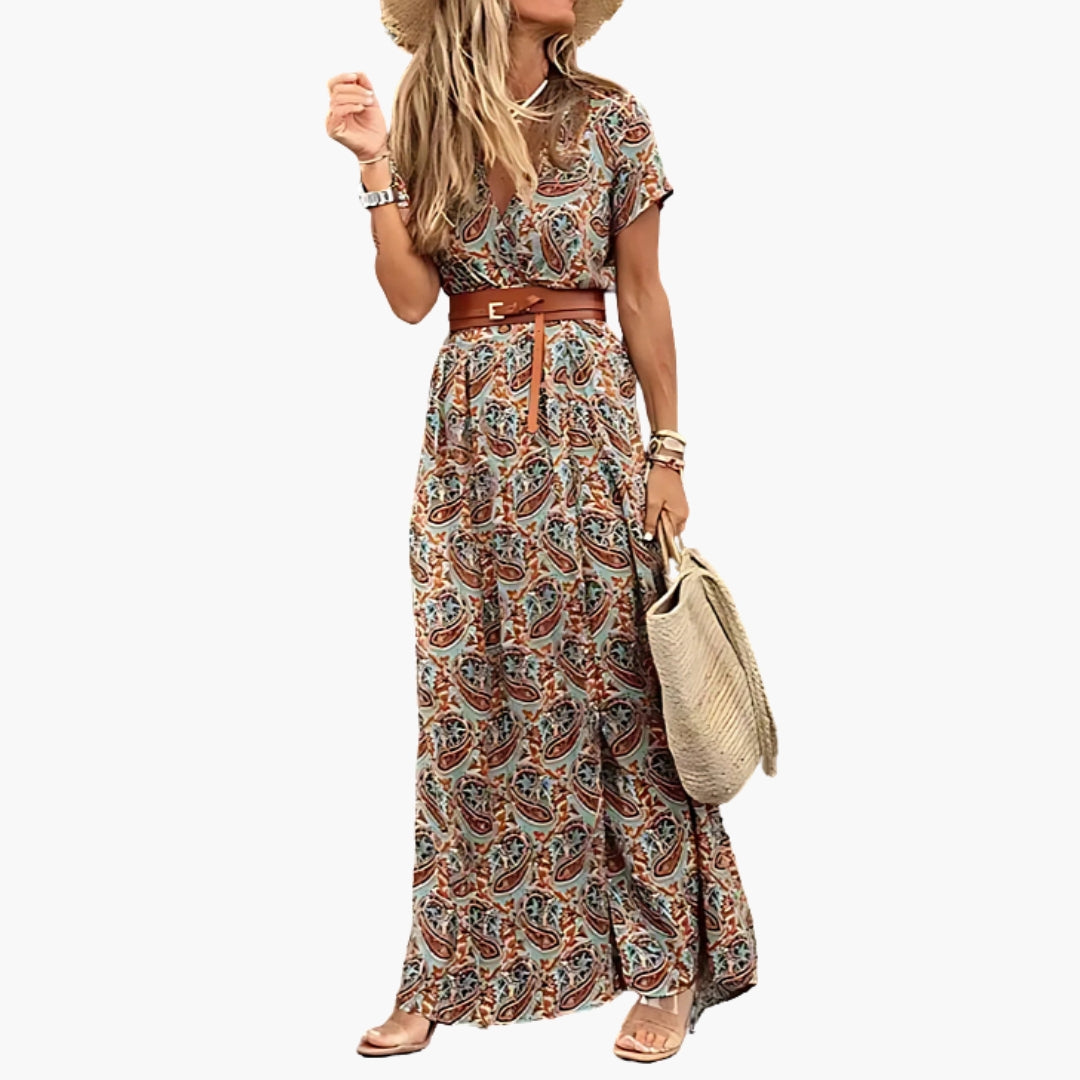 Robe Maxi Feminina com Decote em V e Cinto