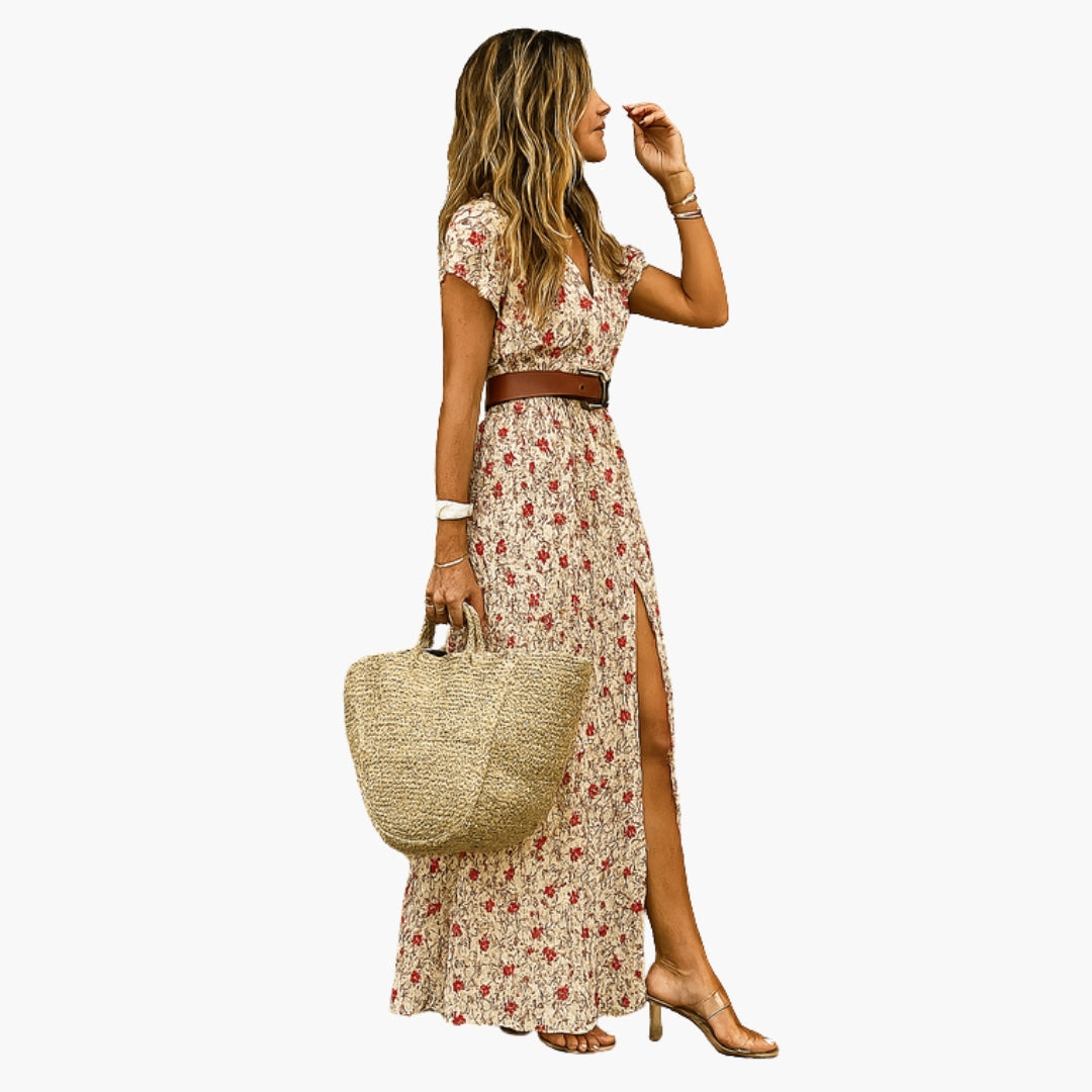 Robe Maxi Feminina com Decote em V e Cinto