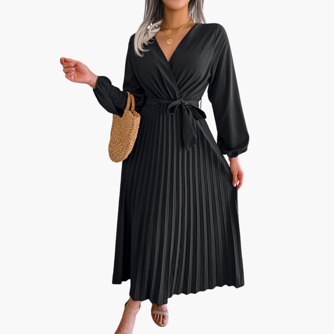 Vestido Comprido Feminino com Decote em V e Saia Plissada