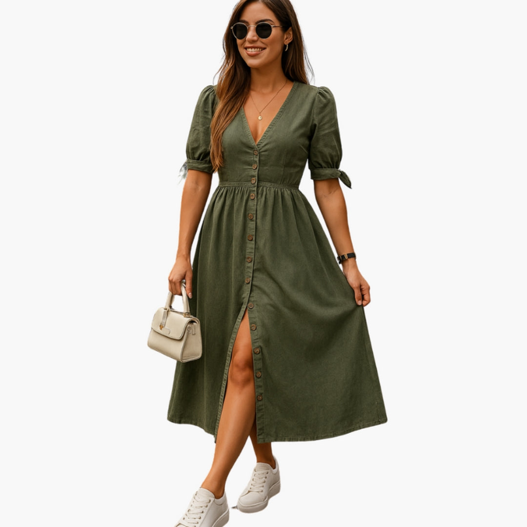Vestido Midi Mulher Decote em V com Botões à Frente