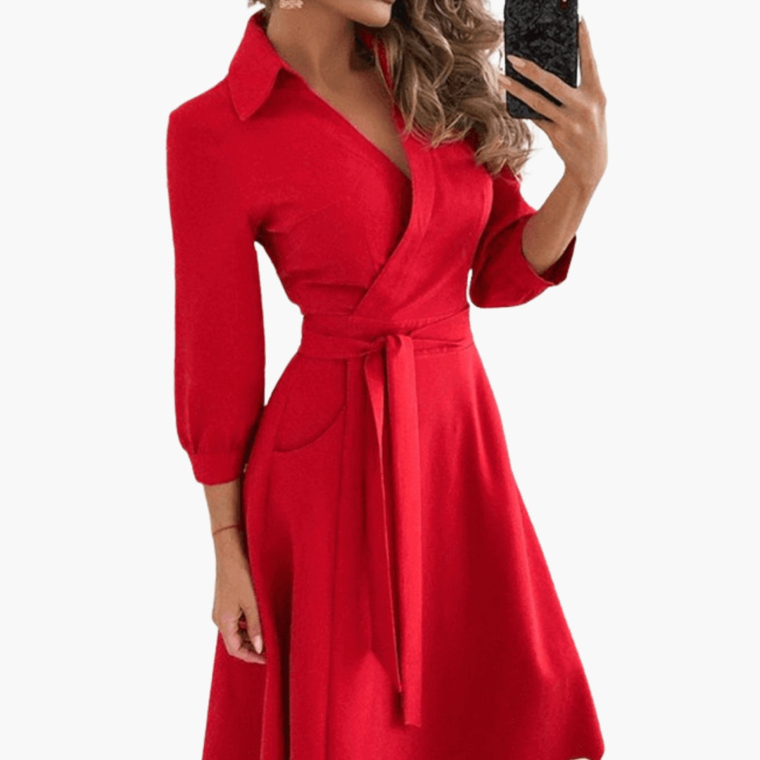 Robe Midi Femme Coupe Évasée avec Col à Revers