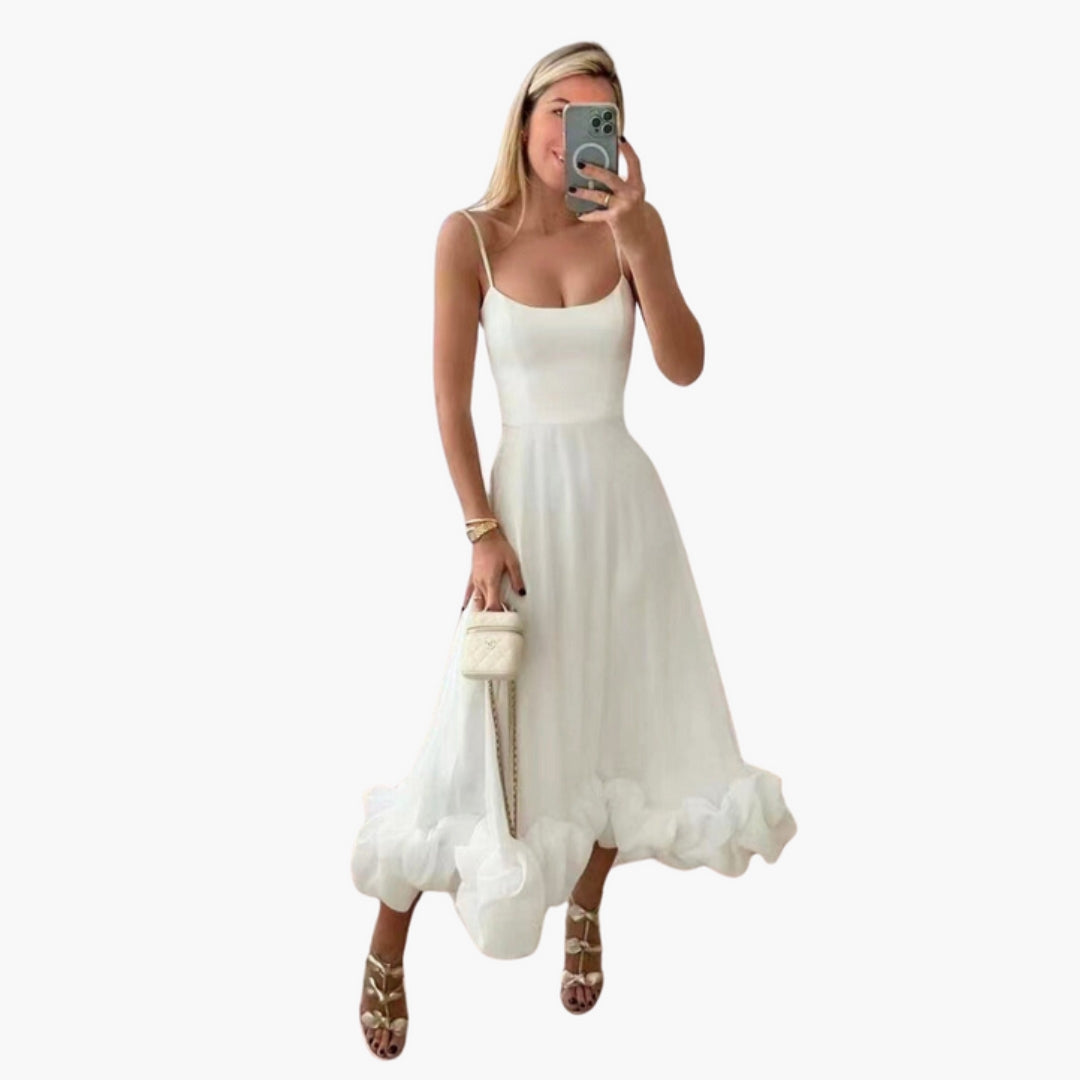 Women's Mid-Length Dress with Thin Straps and Ruffled Hem