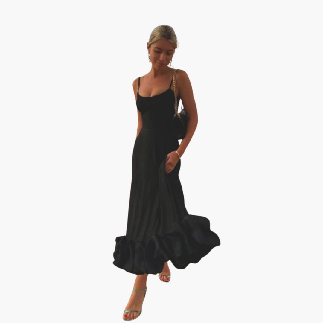 Women's Mid-Length Dress with Thin Straps and Ruffled Hem