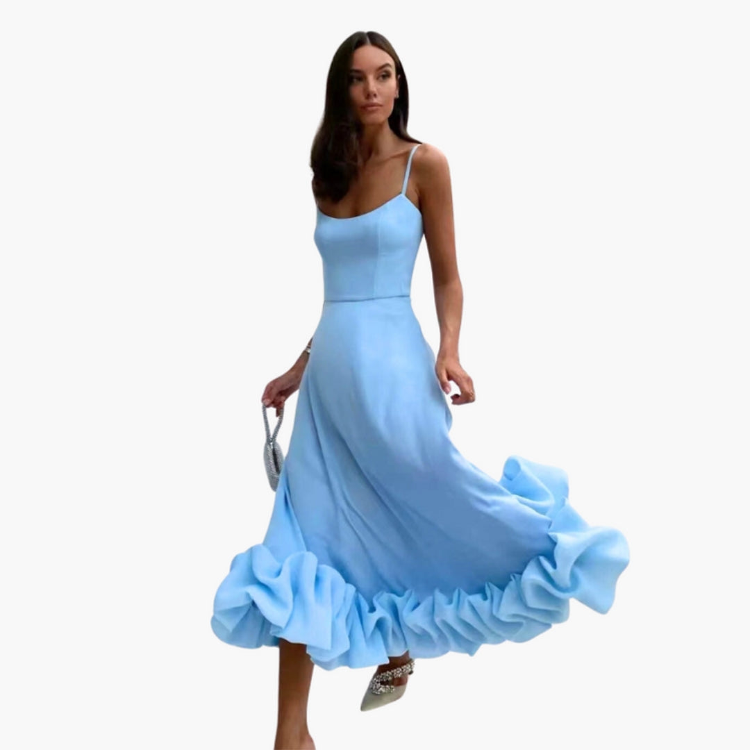 Women's Mid-Length Dress with Thin Straps and Ruffled Hem