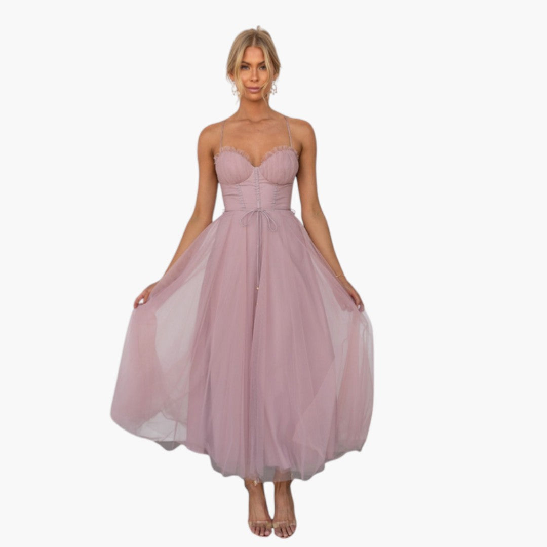 Abito midi donna con spalline sottili e gonna in tulle