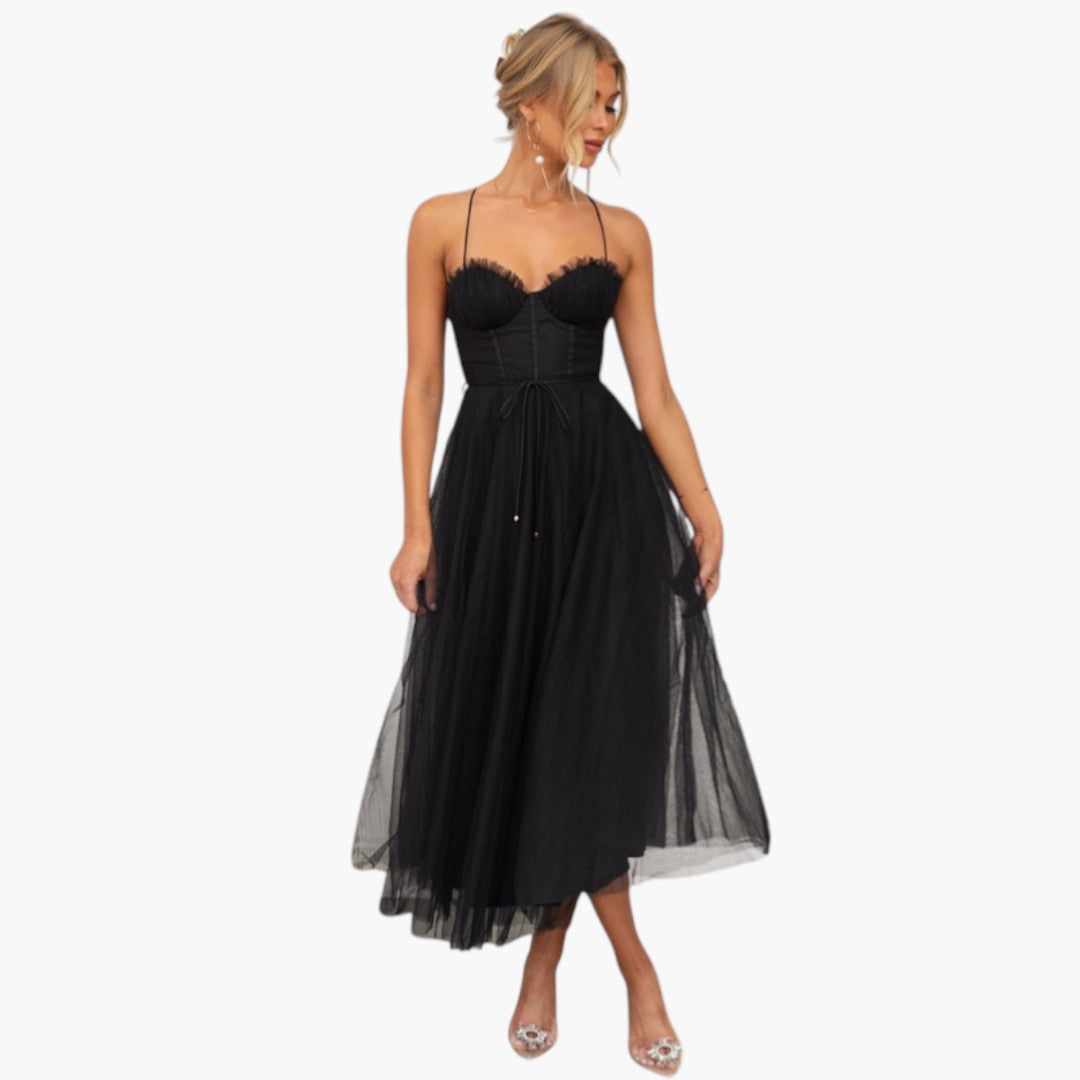 Abito midi donna con spalline sottili e gonna in tulle