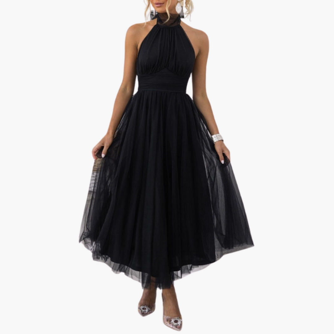 Midi Dress for Women with Halter Neck and Flared Skirt