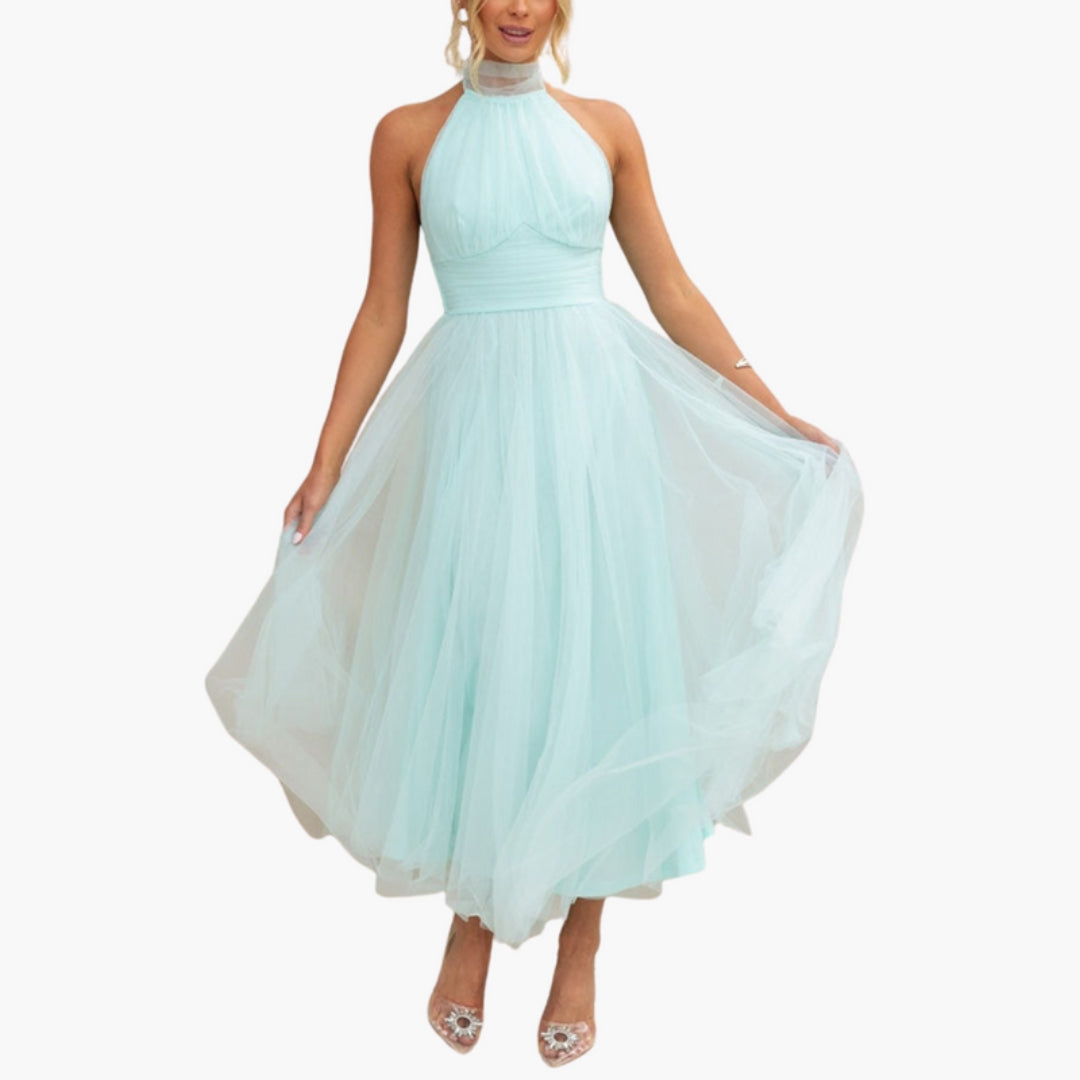 Midi Dress for Women with Halter Neck and Flared Skirt