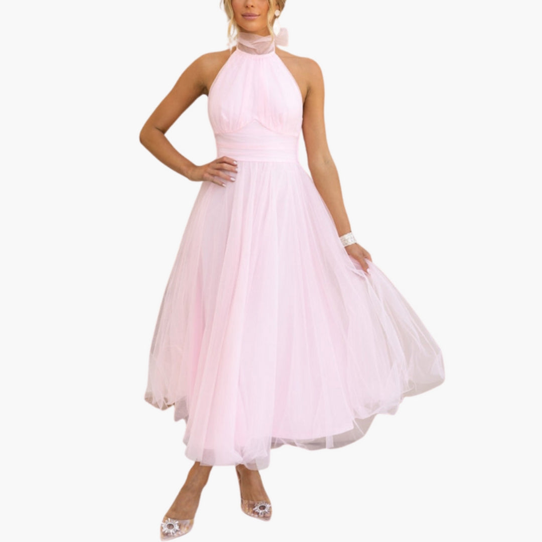 Midi Dress for Women with Halter Neck and Flared Skirt