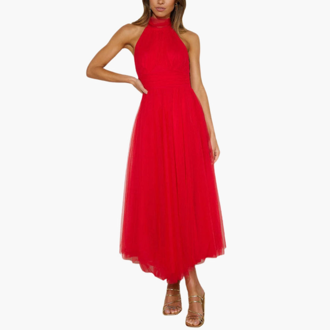 Midi Dress for Women with Halter Neck and Flared Skirt