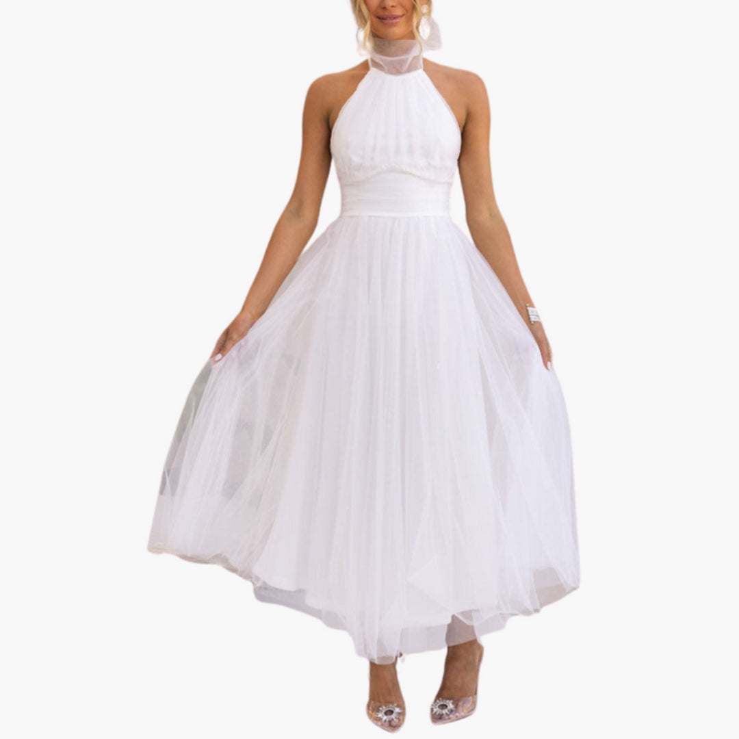 Midi Dress for Women with Halter Neck and Flared Skirt