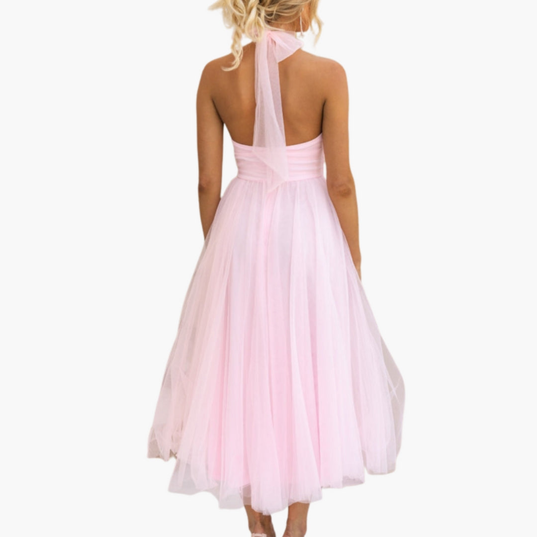 Midi Dress for Women with Halter Neck and Flared Skirt