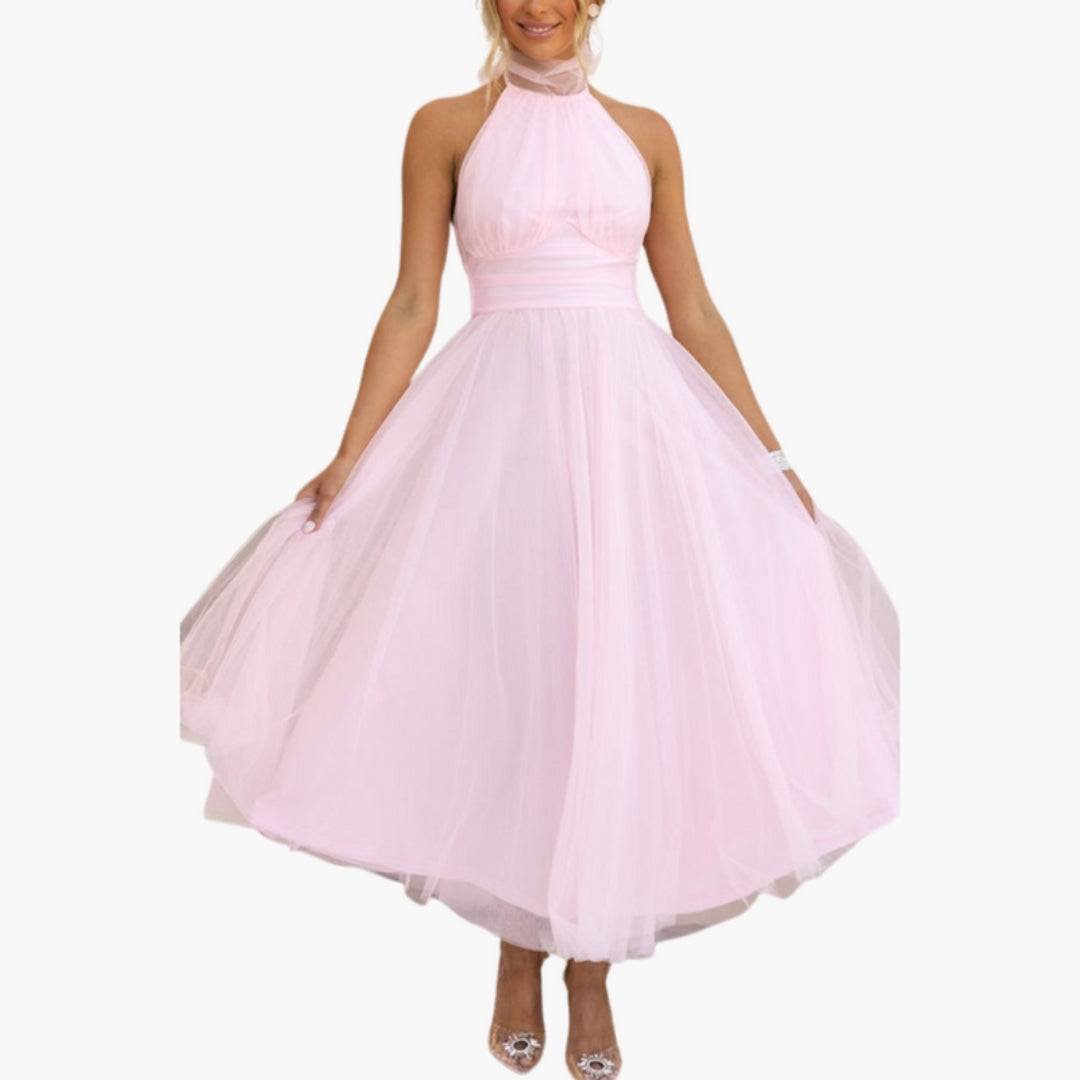 Midi Dress for Women with Halter Neck and Flared Skirt