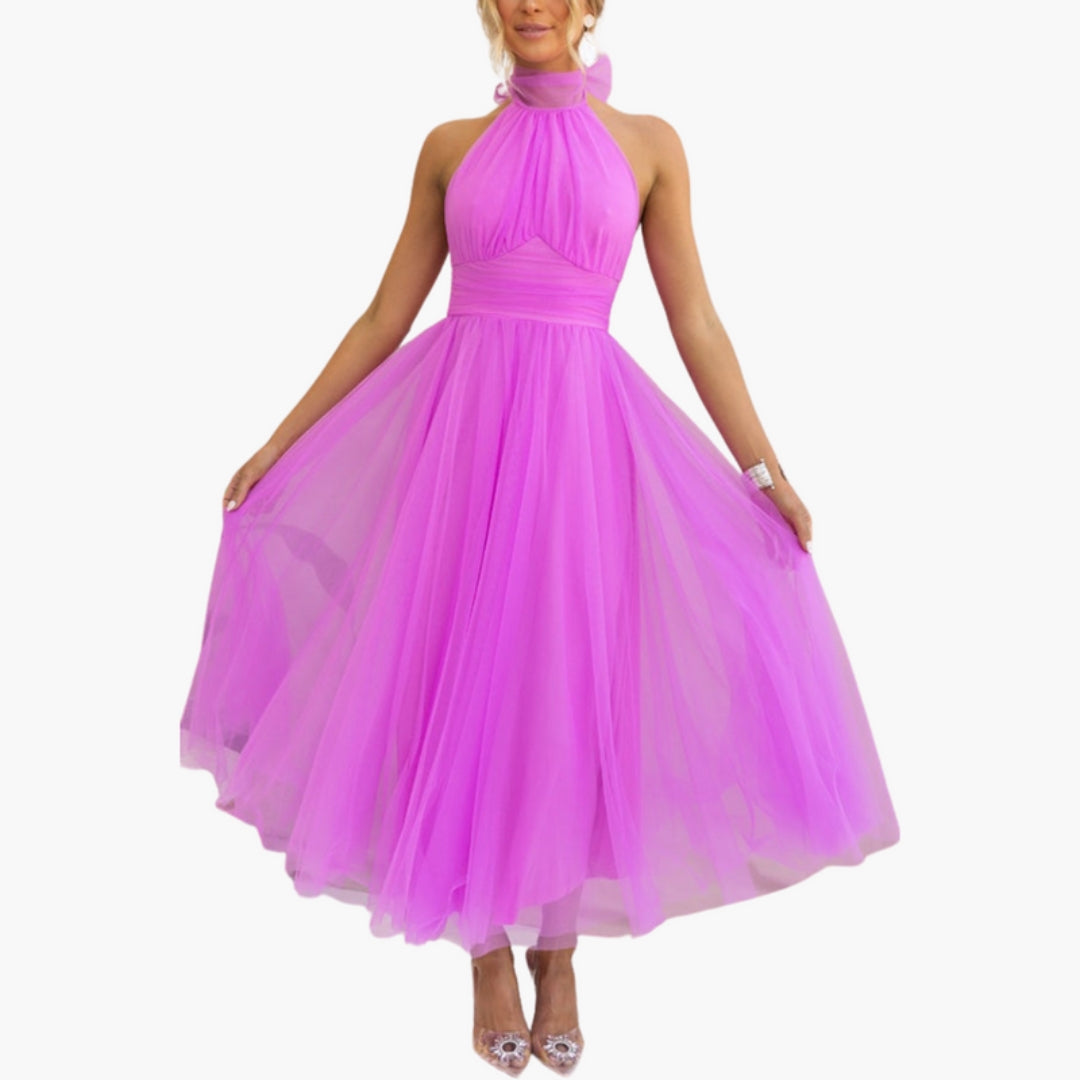 Midi Dress for Women with Halter Neck and Flared Skirt