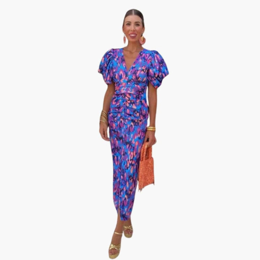 Abito Midi Donna con Scollo a V e Maniche a Sbuffo