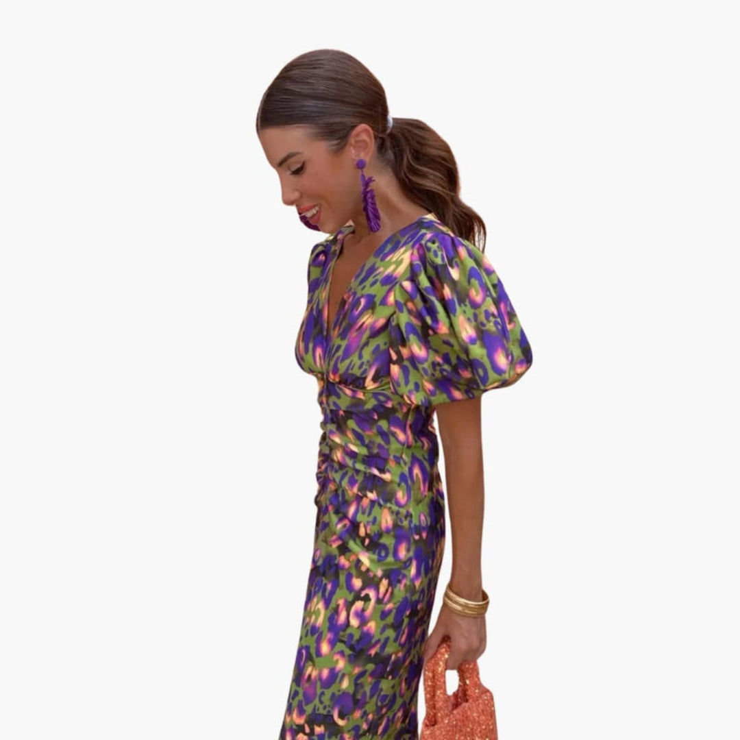 Abito Midi Donna con Scollo a V e Maniche a Sbuffo