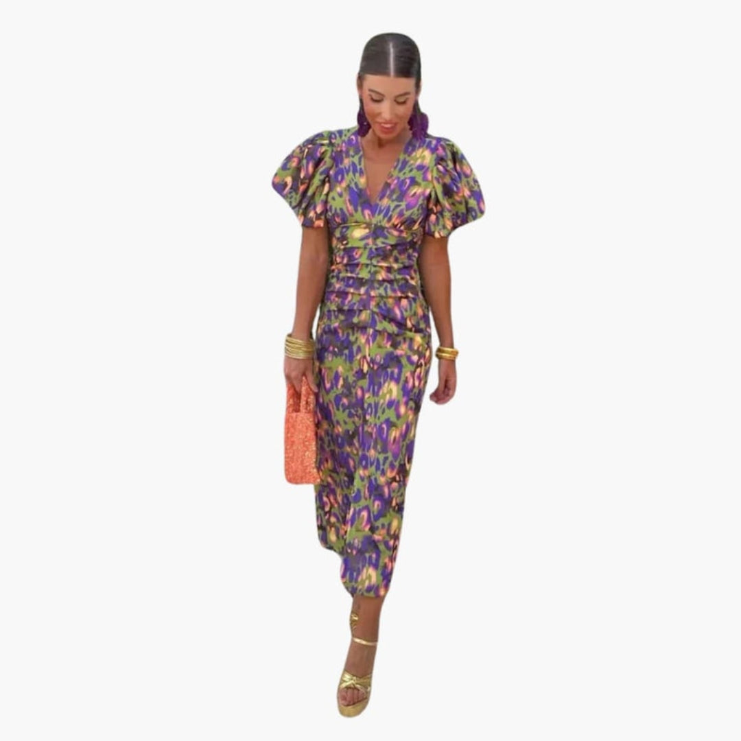 Abito Midi Donna con Scollo a V e Maniche a Sbuffo