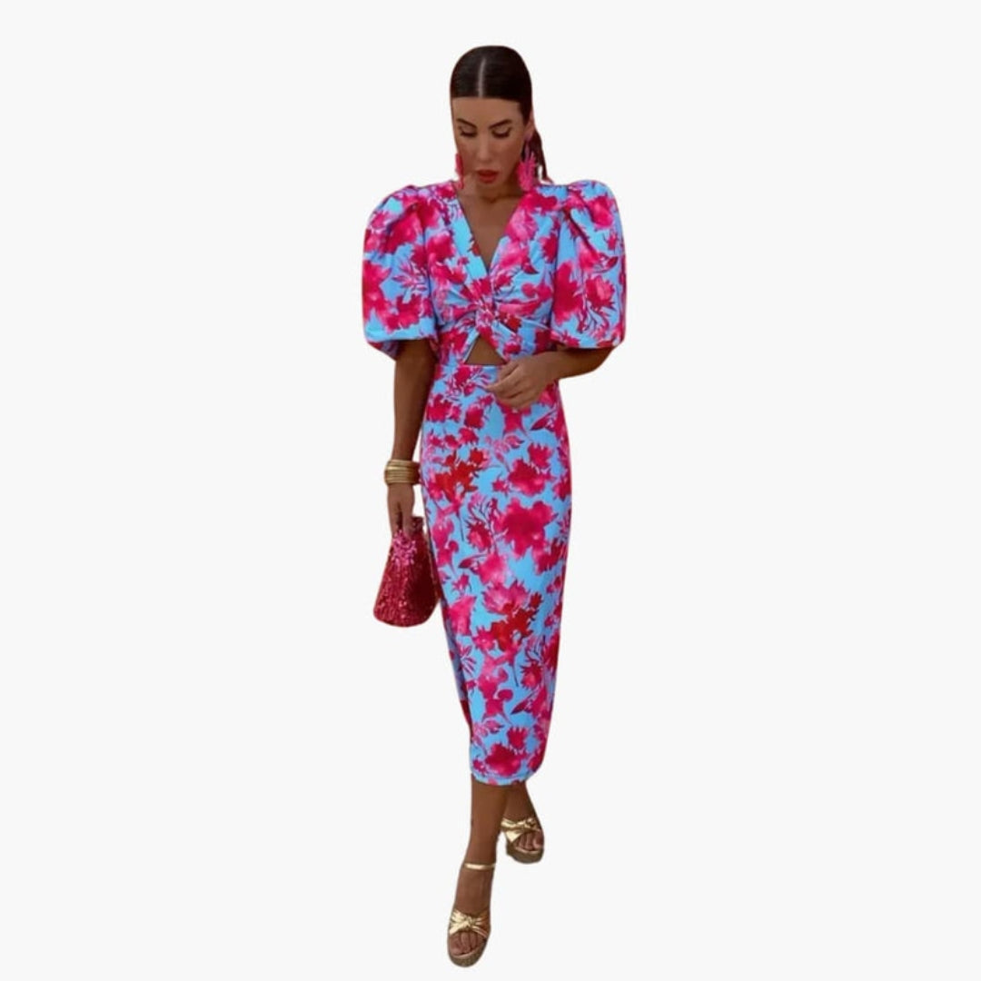Abito Midi Donna con Scollo a V e Maniche a Sbuffo
