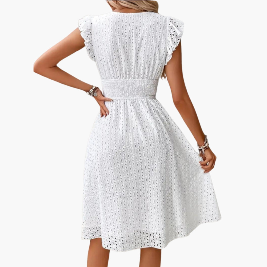 Robe Midi Femme avec Col en V et Manches Volantes