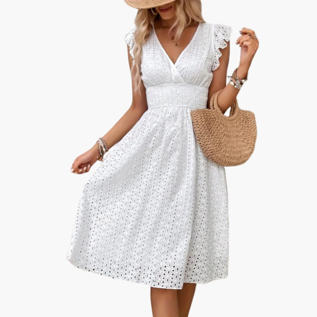 Robe Midi Femme avec Col en V et Manches Volantes