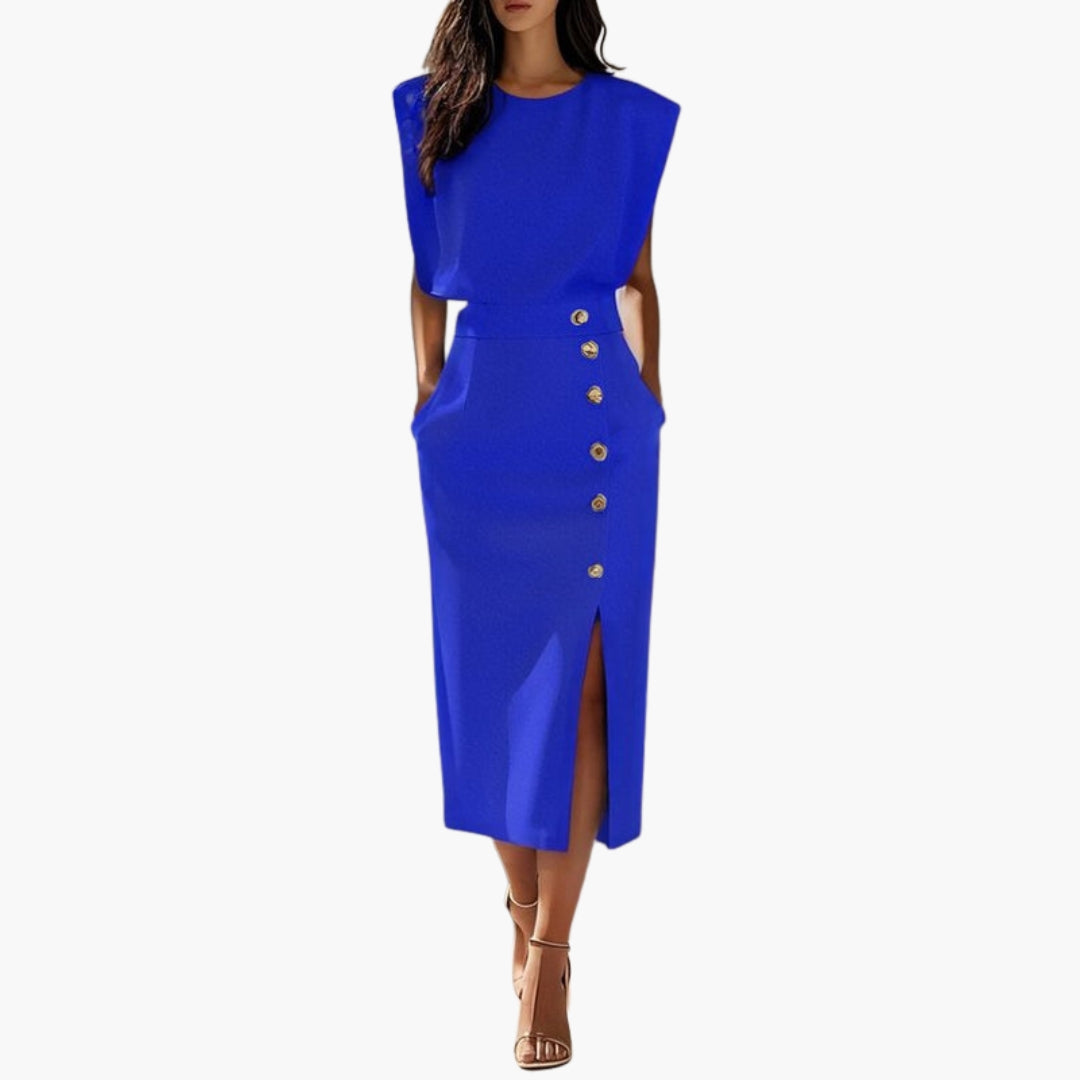 Robe Midi Femme avec Détail Boutonné et Fente Latérale