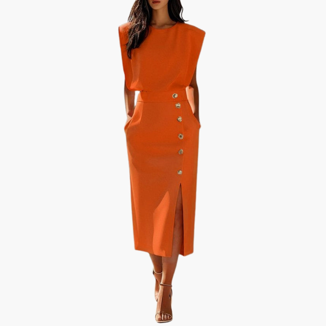 Robe Midi Femme avec Détail Boutonné et Fente Latérale